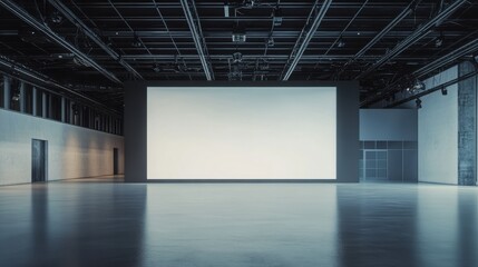 Big blank light screen instead of wall with projectors in empty industrial style hall room with...