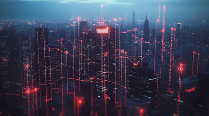 Fototapeta premium Smart digital Innovation city with connection network reciprocity over the twilight cityscape. of future smart wireless digital city and social media networking systems that connects people with city 