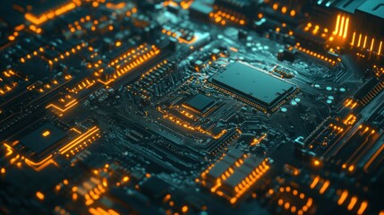 Obraz premium A close-up view of a circuit board with glowing components, illustrating technology.