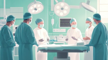 surgery, medicine and people concept - group of surgeons in operating room at hospital talking and preparing to operation