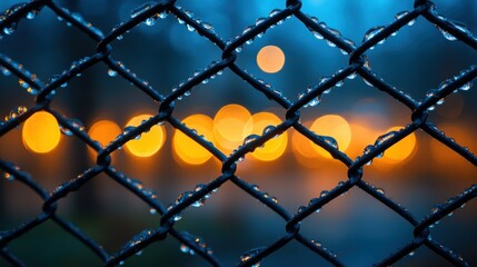 Fototapeta premium Rainy night, chain link fence, bokeh lights, urban scene, wallpaper