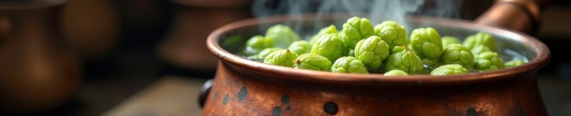 Obraz premium Boiling copper kettle filled with wort and hop, , condensate, flavorings