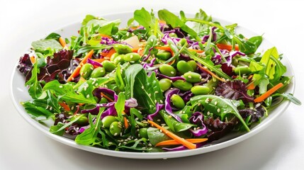 Asian sesame ginger salad with mixed greens, edamame, carrots, red cabbage, and sesame dressing, Contemporary presentation on a white background, close up