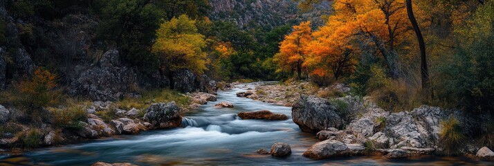 Autumnal River Flowing Through Rocky Canyon Landscape
