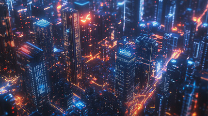 Naklejka premium Smart digital Innovation city with connection network reciprocity over the twilight cityscape. of future smart wireless digital city and social media networking systems that connects people with city 