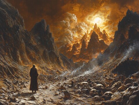 Ezekiel stands in valley filled dry bones as they miraculously come together and are covered flesh glowing sky. atmosphere conveys awe and resurrection.