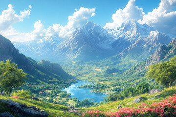 Naklejka premium Serene Valley Nestled Amongst Majestic Snow Capped Mountains