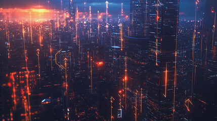 Obraz premium Smart digital Innovation city with connection network reciprocity over the twilight cityscape. of future smart wireless digital city and social media networking systems that connects people with city 