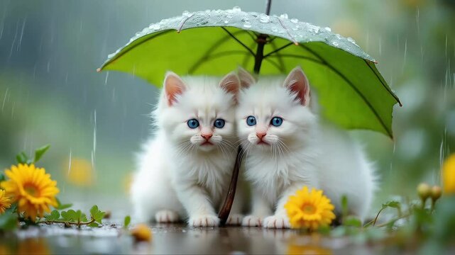 two cute homeless kittens hid from the rain under an umbrella