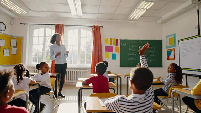 Sunlight streams into a diverse classroom where a female teacher engages with attentive students, one eager boy consistently raising his hand to participate