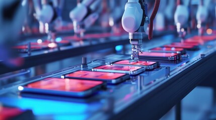 Robotic arms assembling smartphones on a production line in a technology factory during daylight...