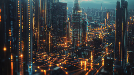 Naklejka premium Smart digital Innovation city with connection network reciprocity over the twilight cityscape. of future smart wireless digital city and social media networking systems that connects people with city 