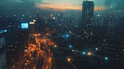 Obraz premium Smart digital Innovation city with connection network reciprocity over the twilight cityscape. of future smart wireless digital city and social media networking systems that connects people with city 