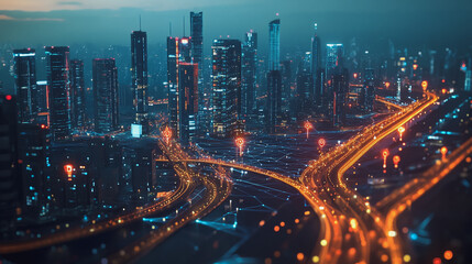Fototapeta premium Smart digital Innovation city with connection network reciprocity over the twilight cityscape. of future smart wireless digital city and social media networking systems that connects people with city 