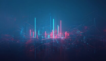 Modern Stock Market Candlestick Chart with Dark Blue and Red Colors, Financial Data and Trend Analysis Background.