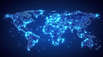 World map with glowing connection points on a blue background.