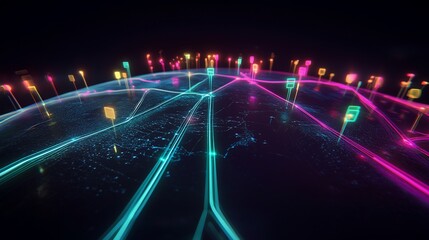 Outreach strategies visualized glowing communication lines that connect vibrant pulsating nodes across a dark and futuristic global network