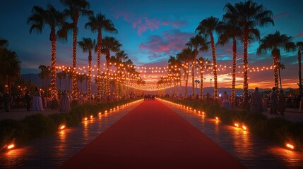 Red carpet event, sunset, palm trees, party