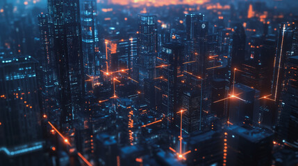 Obraz premium Smart digital Innovation city with connection network reciprocity over the twilight cityscape. of future smart wireless digital city and social media networking systems that connects people with city 