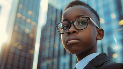 Young black boy wearing glasses and a suit stands in front of a tall building