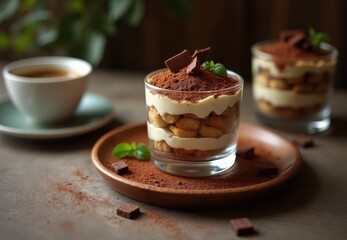 Decadent tiramisu dessert served in elegant glass cups with coffee