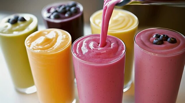 Colorful fruit smoothies pouring, healthy breakfast, kitchen counter