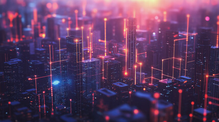 Obraz premium Smart digital Innovation city with connection network reciprocity over the twilight cityscape. of future smart wireless digital city and social media networking systems that connects people with city 