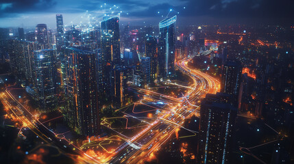 Smart digital Innovation city with connection network reciprocity over the twilight cityscape. of future smart wireless digital city and social media networking systems that connects people with city
