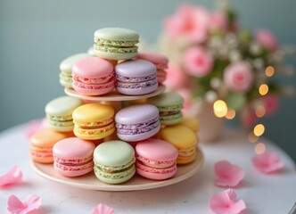 Elegant tower of colorful macarons displayed at a festive event