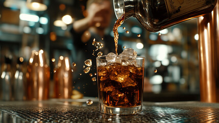 Dynamic shot of a bartender pouring Amaretto into a glass in a trendy bar setup.