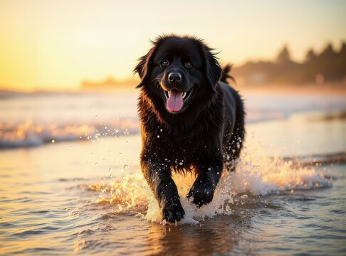 Newfoundlander joyfully splashes through ocean waves at sunset