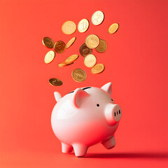 Obraz premium White ceramic piggy bank with golden coins dropping in, symbolizing saving money, investment, and financial security concepts against a vibrant coral background