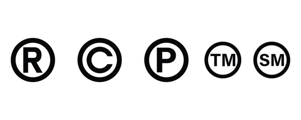 Copyright and registered symbol, public domain, trademark, service mark silhouette icons vector isolated on white background.