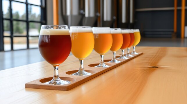 a craft beer tasting session with a variety of beers in elegant glasses, accompanied by small plates of snacks