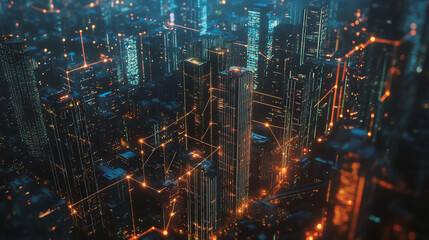Fototapeta premium Smart digital Innovation city with connection network reciprocity over the twilight cityscape. of future smart wireless digital city and social media networking systems that connects people with city 