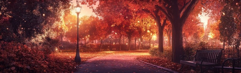 Autumnal Park Path Illuminated By Lamplight
