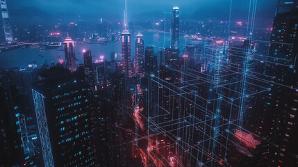 Obraz premium Smart digital Innovation city with connection network reciprocity over the twilight cityscape. of future smart wireless digital city and social media networking systems that connects people with city 