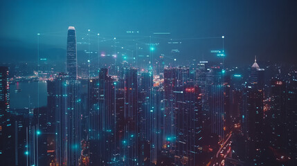 Fototapeta premium Smart digital Innovation city with connection network reciprocity over the twilight cityscape. of future smart wireless digital city and social media networking systems that connects people with city 