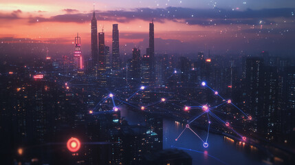 Fototapeta premium Smart digital Innovation city with connection network reciprocity over the twilight cityscape. of future smart wireless digital city and social media networking systems that connects people with city 