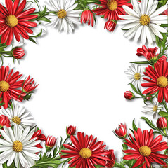 Fototapeta premium Art featuring a frame made of bright red and white Aster flowers, wrapping around the edges, set on a white background