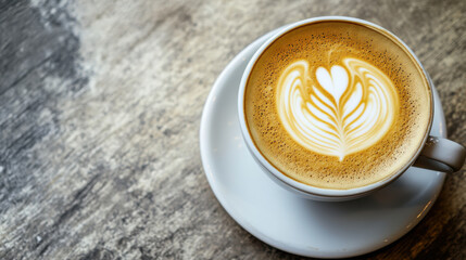 beautifully crafted latte with intricate foam art sits on white saucer against textured surface, inviting warmth and comfort