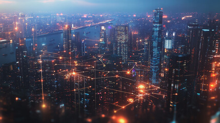 Fototapeta premium Smart digital Innovation city with connection network reciprocity over the twilight cityscape. of future smart wireless digital city and social media networking systems that connects people with city 