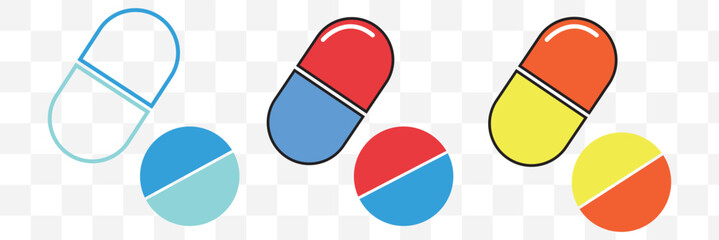 Set of vector realistic pills and capsules isolated on white background. Medicines, tablets, capsules, drug of painkillers, antibiotics, vitamins. Healthcare medical and vector illustration.
