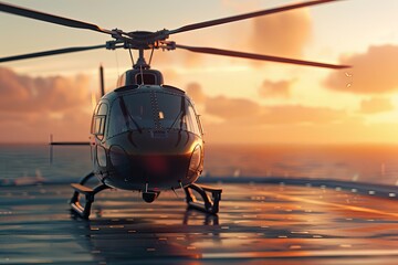 A sleek helicopter on a helipad at sunset, showcasing its aerodynamic design against vibrant orange and purple hues in the sky.