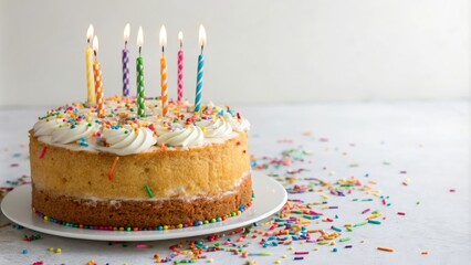 Delicious homemade cake with rainbow sprinkles and candles lit, homemade desserts, birthday party favors, springtime celebrations