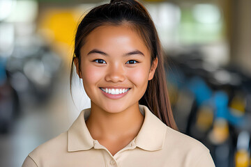 Young Asian saleswoman in a beige polo shirt working in a vibrant bicycle store, surrounded by colorful bikes.
