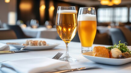 Obraz premium a lavish dining table with premium craft beers in crystal glasses, paired with gourmet dishes