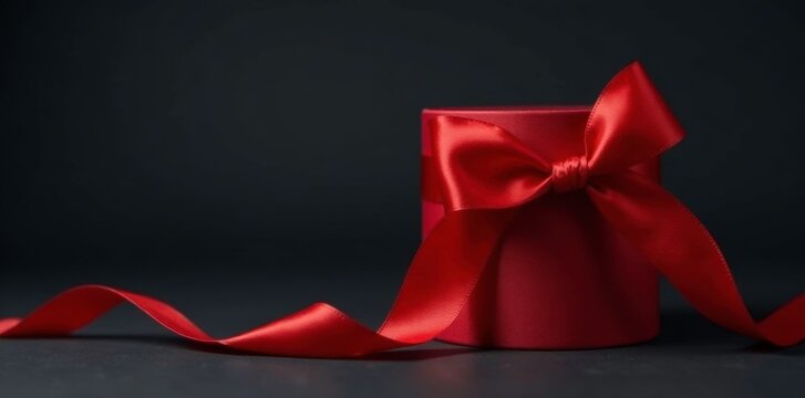 Bold red ribbon wrapped around a cylindrical object against a dark background, gift wrap, accentuation, decoration