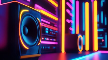 Fototapeta premium Vibrant audio equipment with glowing neon light in a modern music studio setting