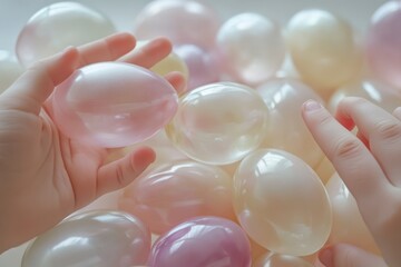 Colorful balloons are held by two hands, celebrating the joy and festivity of Easter in a cheerful indoor setting.